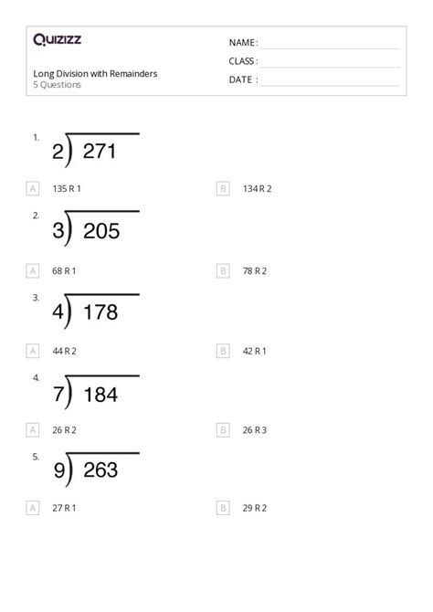 50 Division With Remainders Worksheets For 3rd Class On Quizizz Free