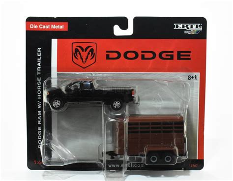 1/64 Dodge Ram Black Pickup Truck With Brown Horse Trailer - Dalton's Farm Toys