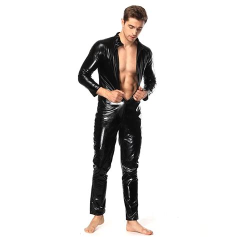 Wetlook Faux Leather Catsuit Men Sexy Lingerie Open Bust Teddy Mens