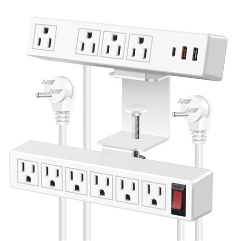 Vilong White In Dual Layer Desktop Edge Power Strip Removable Clamp