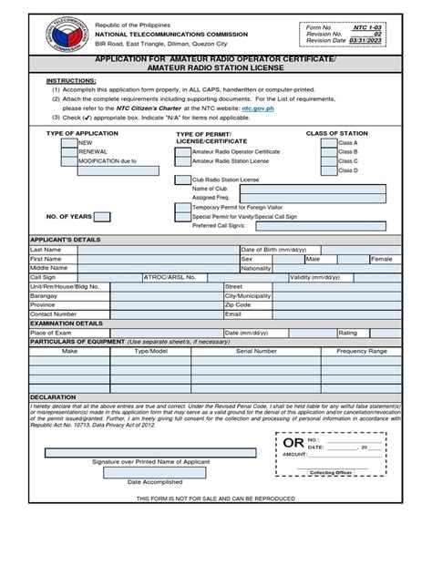 Form No Ntc 1 03 Application For Amateur Radio Operator Certificate