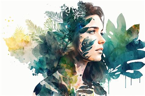 Mulher De Retrato De Dupla Exposi O Plantas E Folhas Ilustra O