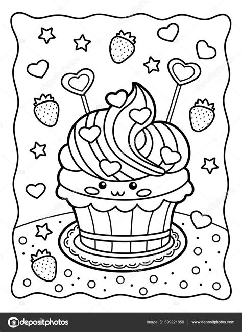 Kawaii Coloring Page Sweet Cute Cupcake Hearts Sweets Coloring Book