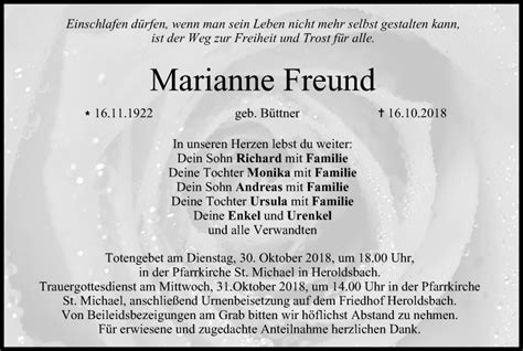 Marianne Freund Traueranzeige Trauer Infranken De