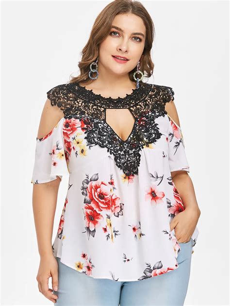 Wipalo Plus Size Cold Shoulder Floral Blouse Lace Yoke Cut Out Blouse