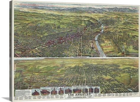 Vintage Birds Eye View Map Of Los Angeles California Wall Art Canvas