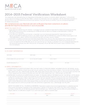 Fillable Online Meca 2014 2015 Federal Verification Worksheet Your