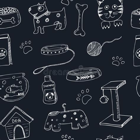 Hand Drawn Doodle Pets Stuff And Supply Icons Seamless Pattern Vector