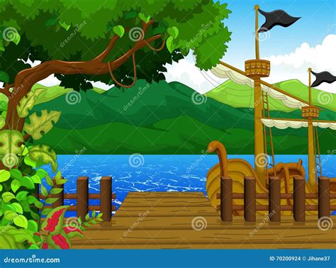 Beautiful Tree On Dock Cartoon With Mountain Landscape Background Stock Photo | CartoonDealer ...