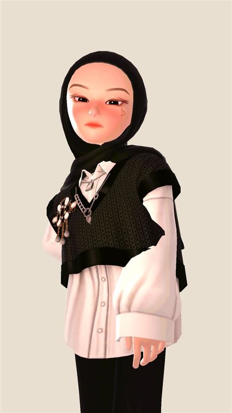 An Animated Image Of A Woman Wearing A Hijab And Black Outfit With Pearls