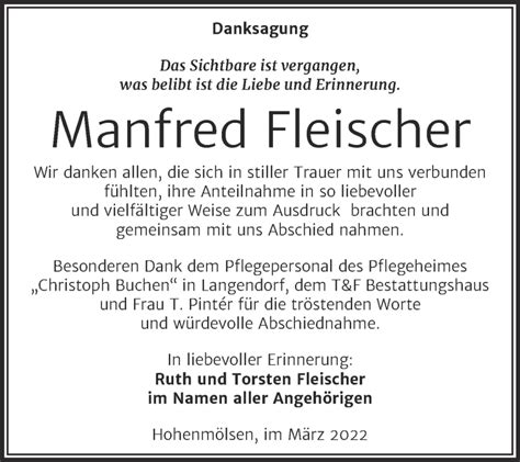 Traueranzeigen Von Manfred Fleischer Abschied Nehmen De