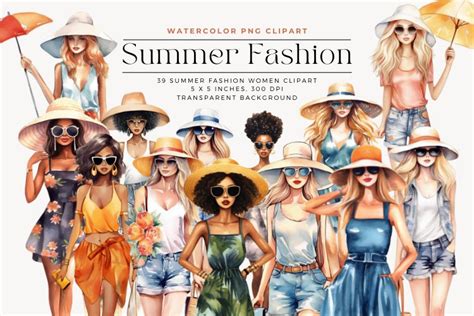 39 Watercolor Summer Fashion Clipart