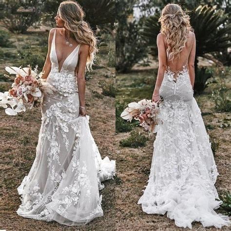 Boho Wedding Dress Lace Bridal Dress 3d Flowers Mermaid Etsy