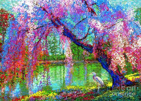 Weeping Beauty, Cherry Blossom Tree and Heron Painting by Jane Small