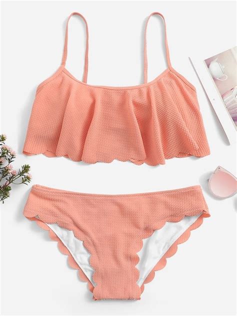 Flounce Top With Scalloped Trim Bikini Set SHEIN SHEINSIDE Flounce