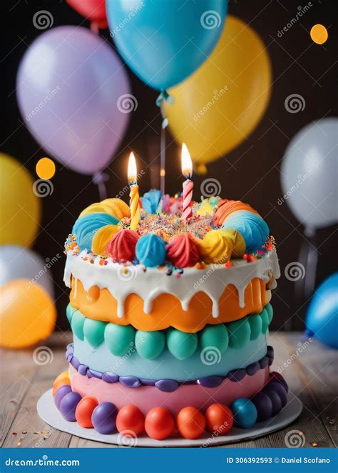 Photo Of A Colorful Birthday Cake With Balloons Generative Ai Stock