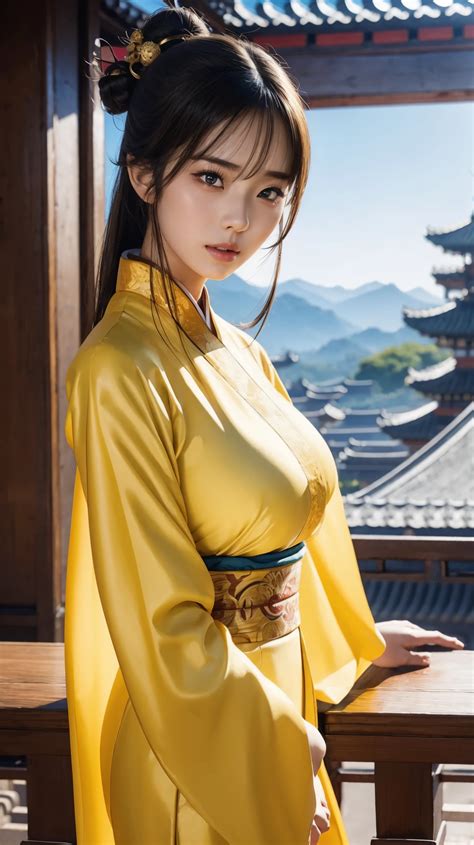 棚の上に座っているセクシーな黄色い着物を着たアラフィー女性, 宮殿 ， セクシーな漢服を着た女の子, リアルなアニメ 3 d スタイル, グウ ...
