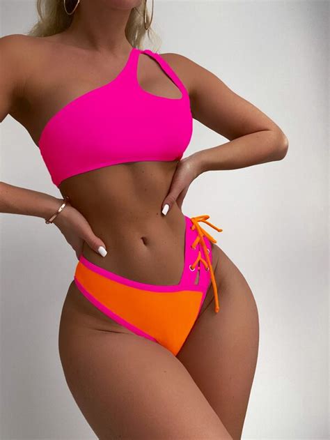 Bañador bikini de color combinado asimétrico de un hombro Moda de