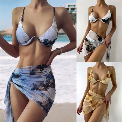 Ready Stock Women Beachwear Ins Sexy Bikini Sets Lower Waist Three Piece Swimming Suit Women