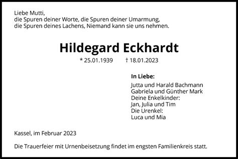 Traueranzeigen Von Hildegard Eckhardt Trauer Hna De