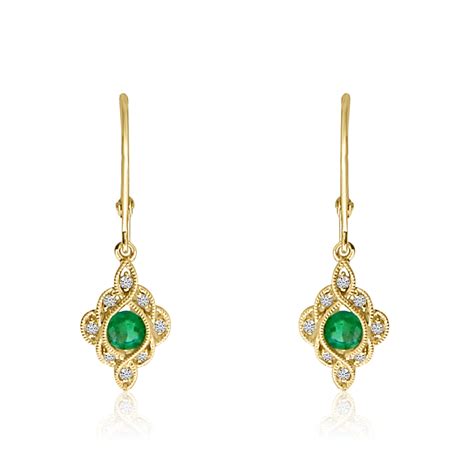 Colormerchants K Yellow Gold Round Emerald And Diamond Leverback