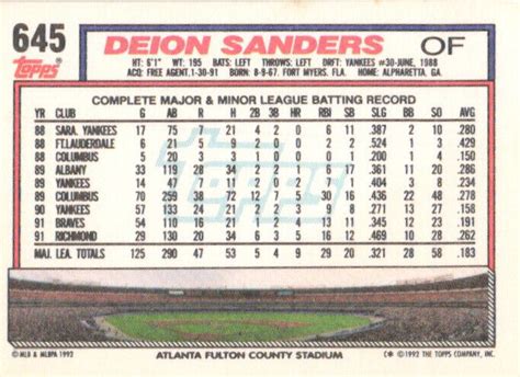 Topps Deion Sanders Baseball Card Atlanta Braves Ebay