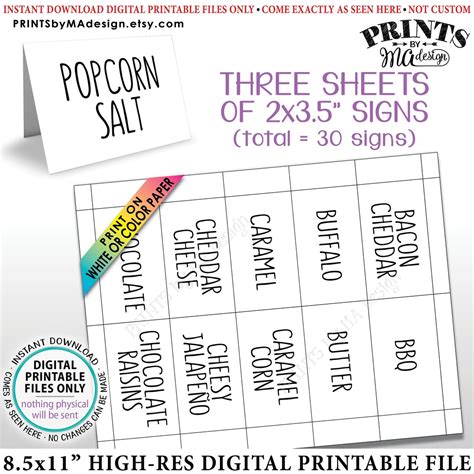 Popcorn Bar Labels, Popcorn Toppings, Sweet & Savory, 30 Cards on ...