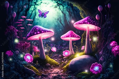 Fantasy Enchanted Fairy Tale Forest With Magical Mushrooms Fairytale