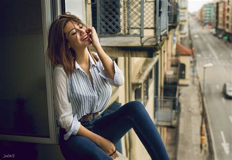 Woman In White Dress Shirt With Blue Denim Jeans Sitting On Window Hd Wallpaper Wallpaper Flare