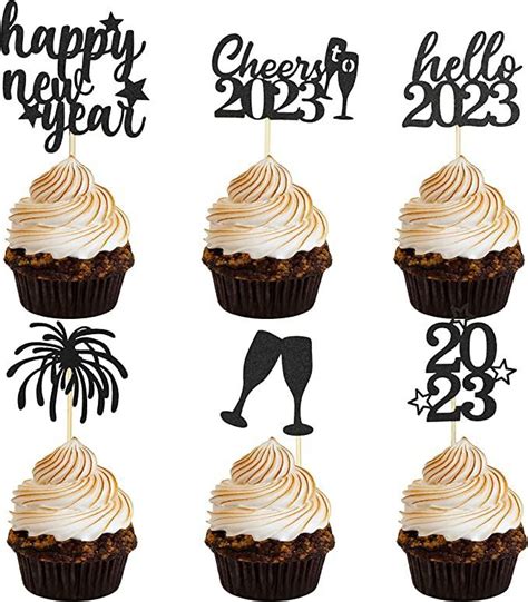 Happy New Year Cupcake Toppers Black Glitter New Years Cupcake