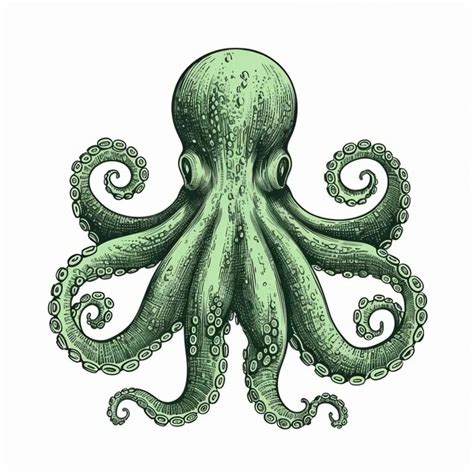 Highly Realistic Octopus Drawing In Green On White Background Premium