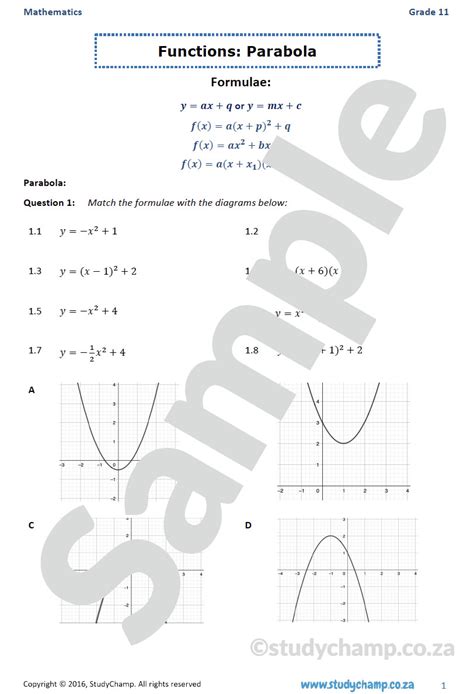 Grade Mathematics Worksheet Functions Parabola Worksheets Library