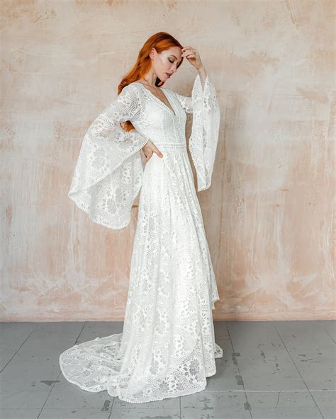 Boho Wedding Dress With Bell Long Sleeves Casual Wedding Dress