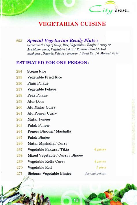 Vegetarian Food Menu – Welcome to City Inn Ltd.