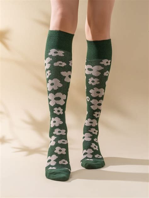 Army Green Collar Fabric Floral Over The Calf Socks Embellished Women