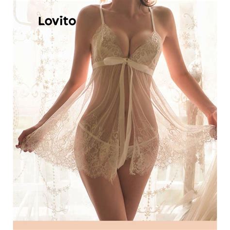 Lovito Lingerie Sexy De Renda Lisa Para Mulheres Lne Branco Preto