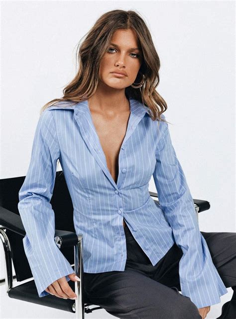 Anni Pinstripe Shirt Blue Pinstripe Womens Woven Tops Women Shirts