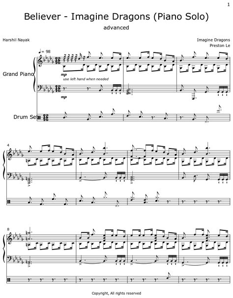 Believer Imagine Dragons Piano Solo Sheet Music For Piano Drum Set