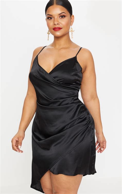 Plus Black Satin Wrap Dress Prettylittlething Aus