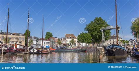 Panorama Of Historic Ships And Lock In The Harbor Of Gouda Editorial