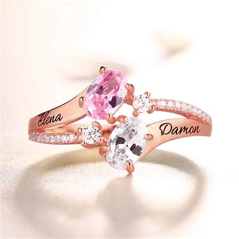 Engraved Double Oval Birthstones Ring In Rose Gold Birthstone Ring