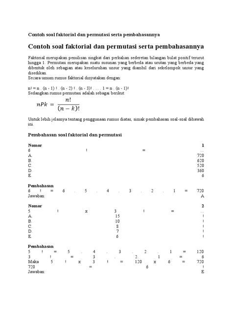 Contoh Soal Faktorial Dan Permutasi Serta Pembahasannya Pdf