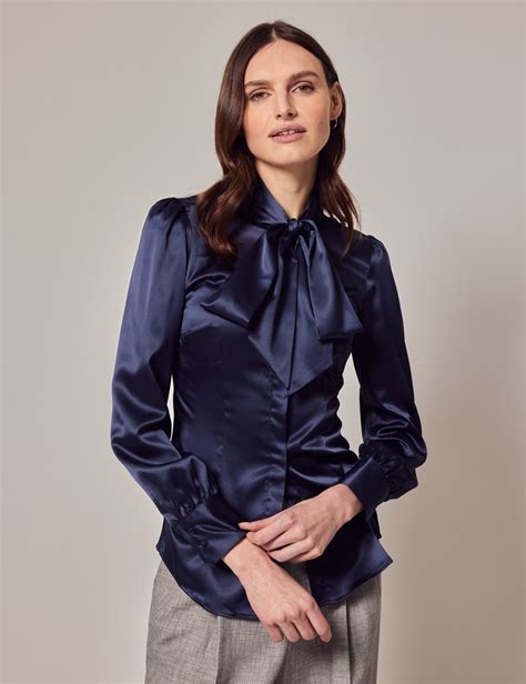 Women S Navy Fitted Luxury Satin Blouse Pussy Bow Hawes Curtis