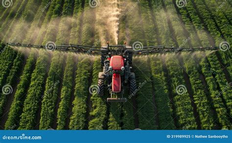 Aerial View Of A Red Tractor Spraying Crops In A Green Field Promoting