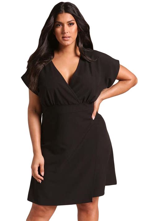 Black Plus Size Deep V Surplice Flared Dress Plus Size Mini Dresses