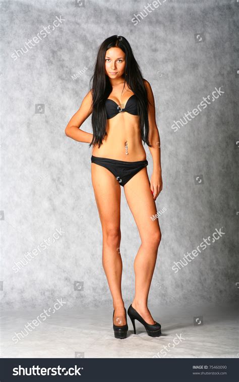 Sexy Brunette Black Bikini On Gray Stock Photo 75460090 Shutterstock