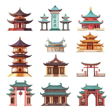 Premium Vector Traditional Chinese Buildings Set Pagoda Ancient