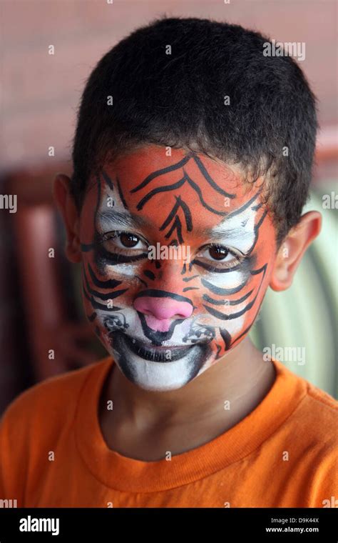 young boy male youth kid with face paint painted tiger animal lion ...