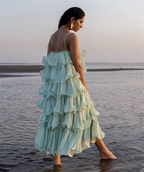 Mint Blue Full Ruffle Dress With Chitta Work And Embroidered Strap