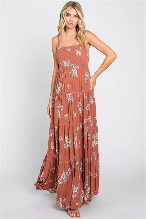 Rust Floral Square Neck Tiered Maxi Dress Pinkblush